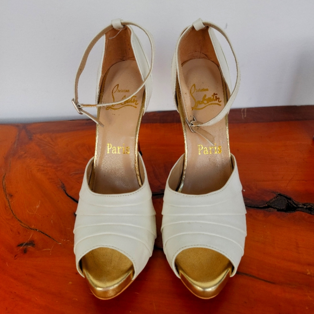 Christian Louboutin Armadillo Bride 120 Heels – White/Gold – Size 39